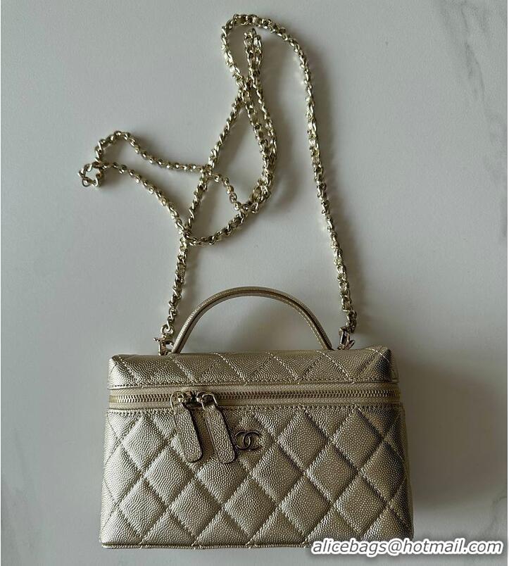 Big Discount Chanel Caviar Quilted Top Handle Slim Vanity Case with Chain Gold Metallic Caviar Brushed Light Gold Hardwa