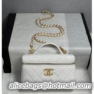 Promotional Chanel Top Handle Long Vanity Case with Chain White Shiny Lambskin Aged Gold Hardware AS6285