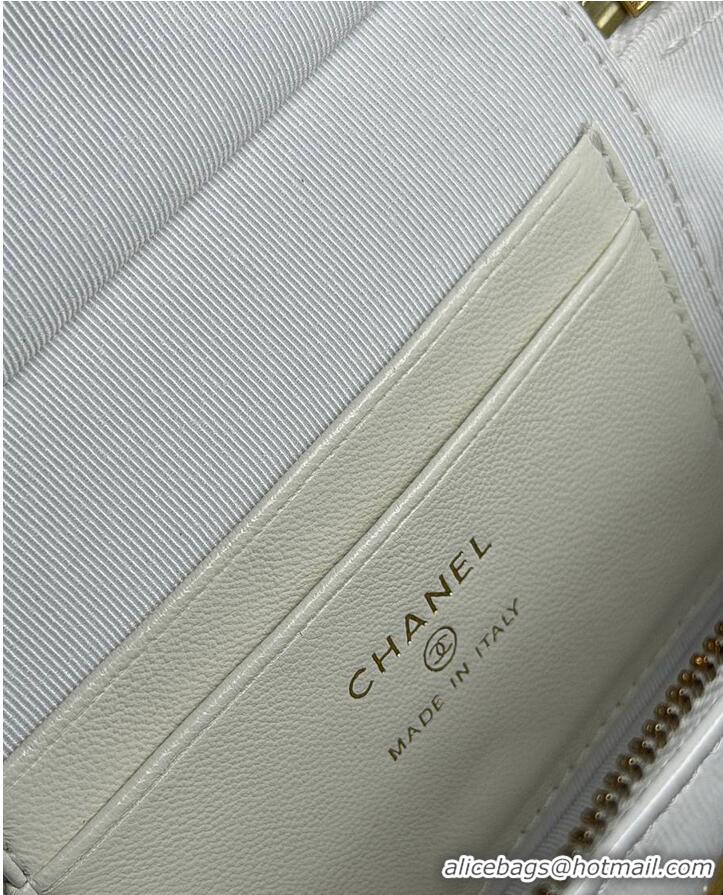 Promotional Chanel Top Handle Long Vanity Case with Chain White Shiny Lambskin Aged Gold Hardware AS6285