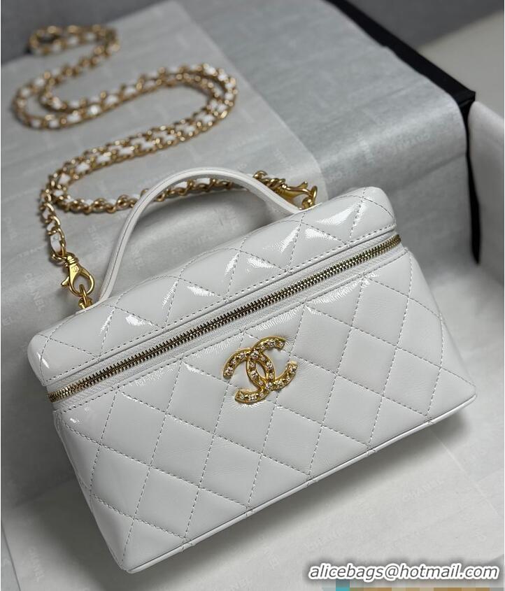 Promotional Chanel Top Handle Long Vanity Case with Chain White Shiny Lambskin Aged Gold Hardware AS6285