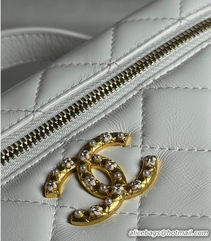 Promotional Chanel Top Handle Long Vanity Case with Chain White Shiny Lambskin Aged Gold Hardware AS6285