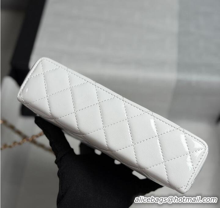 Promotional Chanel Top Handle Long Vanity Case with Chain White Shiny Lambskin Aged Gold Hardware AS6285