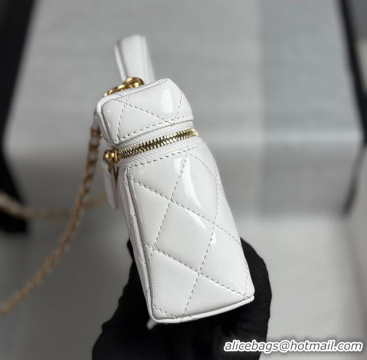 Promotional Chanel Top Handle Long Vanity Case with Chain White Shiny Lambskin Aged Gold Hardware AS6285