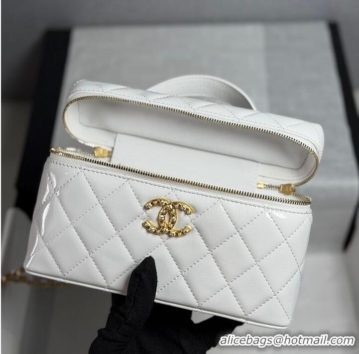 Promotional Chanel Top Handle Long Vanity Case with Chain White Shiny Lambskin Aged Gold Hardware AS6285