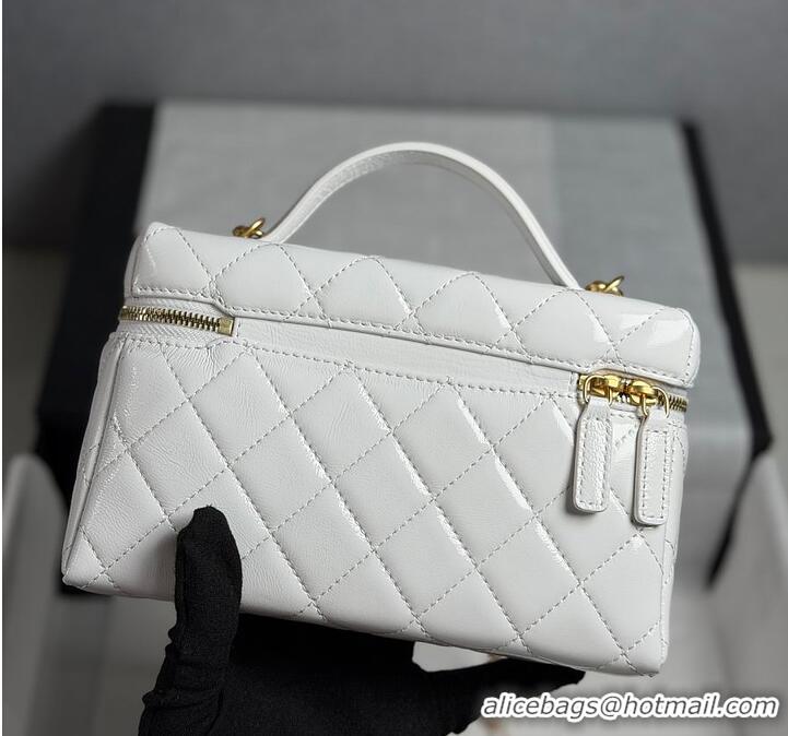 Promotional Chanel Top Handle Long Vanity Case with Chain White Shiny Lambskin Aged Gold Hardware AS6285