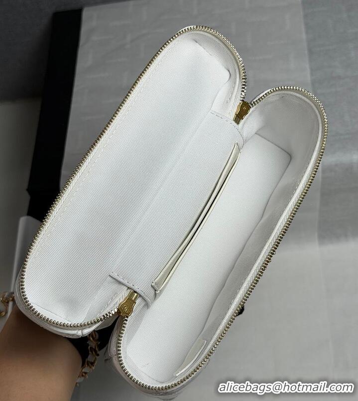 Promotional Chanel Top Handle Long Vanity Case with Chain White Shiny Lambskin Aged Gold Hardware AS6285