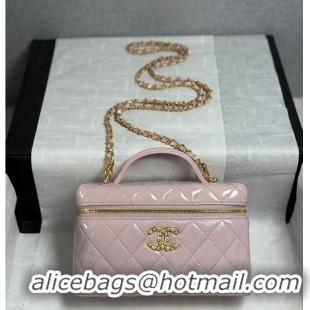 Pretty Style Chanel Top Handle Long Vanity Case with Chain Shiny Lambskin Aged Gold Hardware AS6284 Light Pink