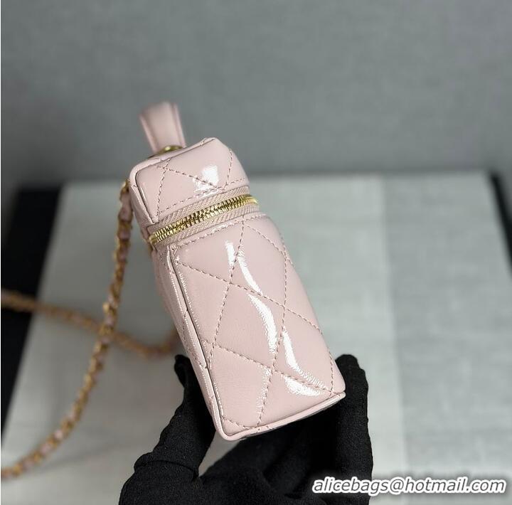 Pretty Style Chanel Top Handle Long Vanity Case with Chain Shiny Lambskin Aged Gold Hardware AS6284 Light Pink