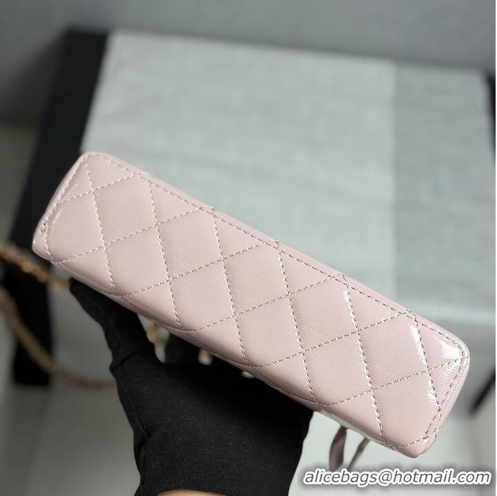 Pretty Style Chanel Top Handle Long Vanity Case with Chain Shiny Lambskin Aged Gold Hardware AS6284 Light Pink