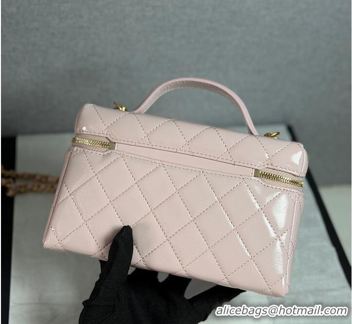 Pretty Style Chanel Top Handle Long Vanity Case with Chain Shiny Lambskin Aged Gold Hardware AS6284 Light Pink
