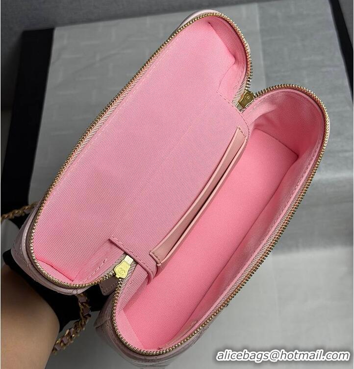 Pretty Style Chanel Top Handle Long Vanity Case with Chain Shiny Lambskin Aged Gold Hardware AS6284 Light Pink