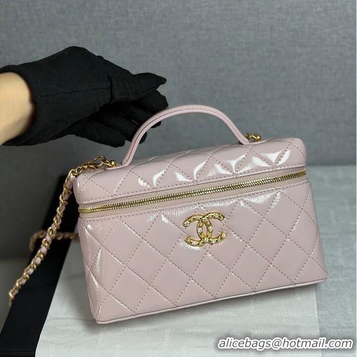 Pretty Style Chanel Top Handle Long Vanity Case with Chain Shiny Lambskin Aged Gold Hardware AS6284 Light Pink