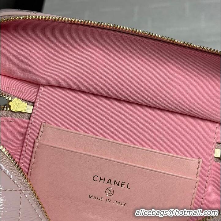 Pretty Style Chanel Top Handle Long Vanity Case with Chain Shiny Lambskin Aged Gold Hardware AS6284 Light Pink