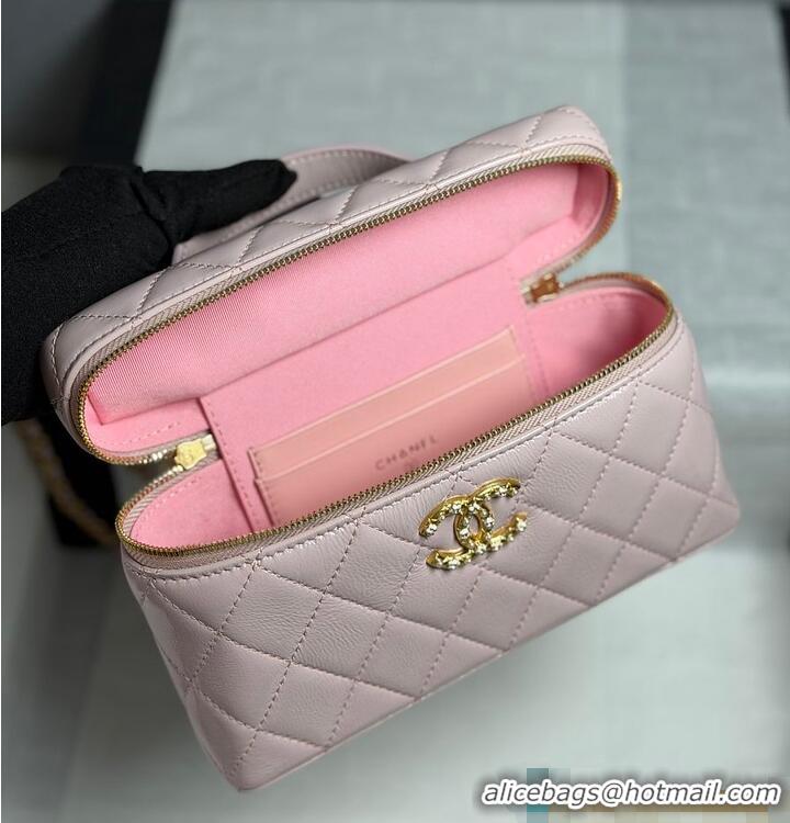 Pretty Style Chanel Top Handle Long Vanity Case with Chain Shiny Lambskin Aged Gold Hardware AS6284 Light Pink