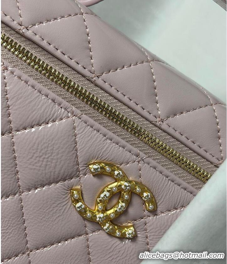 Pretty Style Chanel Top Handle Long Vanity Case with Chain Shiny Lambskin Aged Gold Hardware AS6284 Light Pink