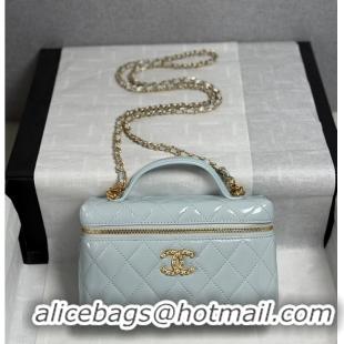 Top Design Chanel Top Handle Long Vanity Case with Chain Shiny Lambskin Aged Gold Hardware AS6284 Light Blue