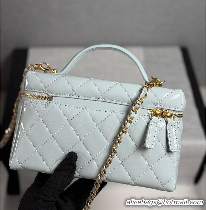 Top Design Chanel Top Handle Long Vanity Case with Chain Shiny Lambskin Aged Gold Hardware AS6284 Light Blue