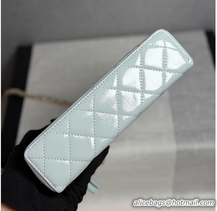 Top Design Chanel Top Handle Long Vanity Case with Chain Shiny Lambskin Aged Gold Hardware AS6284 Light Blue