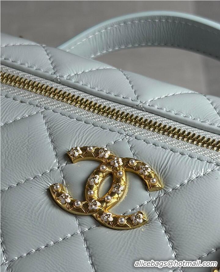 Top Design Chanel Top Handle Long Vanity Case with Chain Shiny Lambskin Aged Gold Hardware AS6284 Light Blue