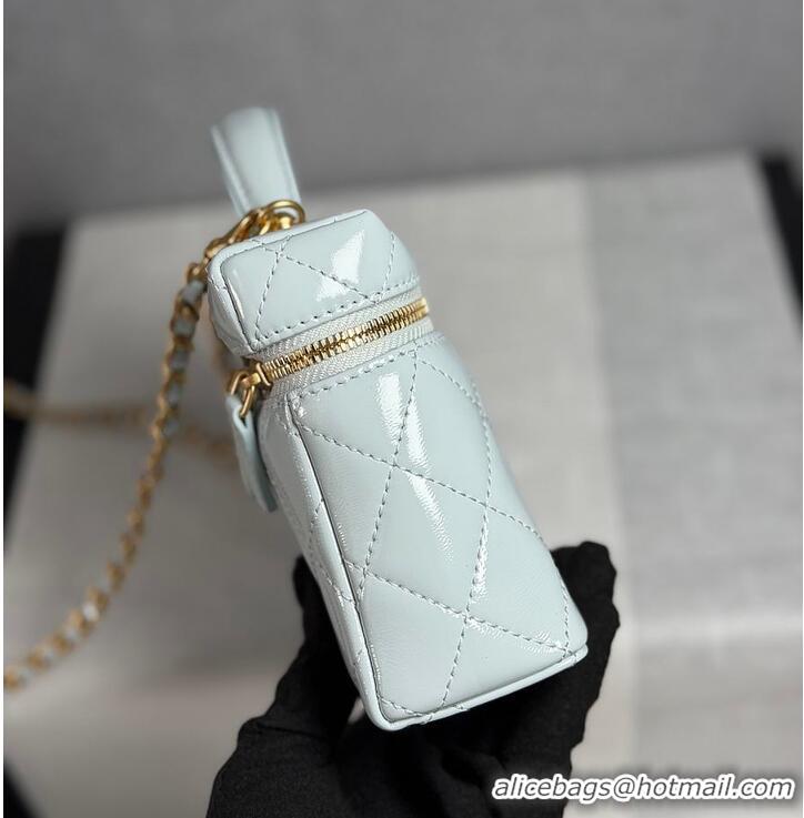 Top Design Chanel Top Handle Long Vanity Case with Chain Shiny Lambskin Aged Gold Hardware AS6284 Light Blue