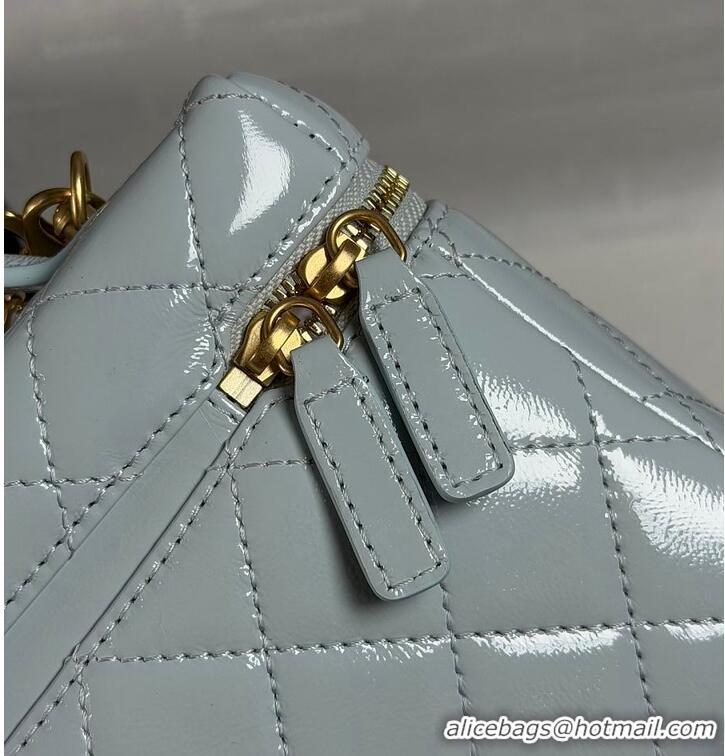Top Design Chanel Top Handle Long Vanity Case with Chain Shiny Lambskin Aged Gold Hardware AS6284 Light Blue