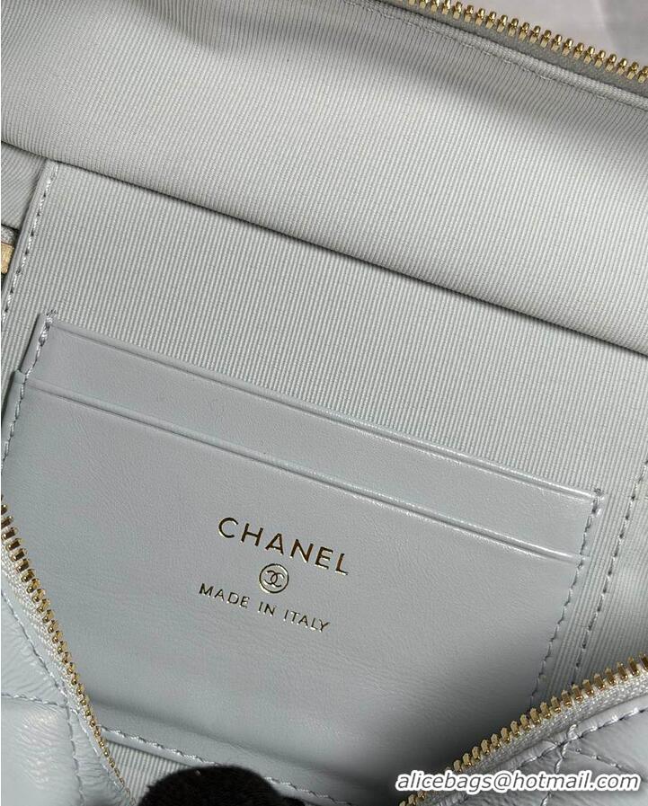 Top Design Chanel Top Handle Long Vanity Case with Chain Shiny Lambskin Aged Gold Hardware AS6284 Light Blue