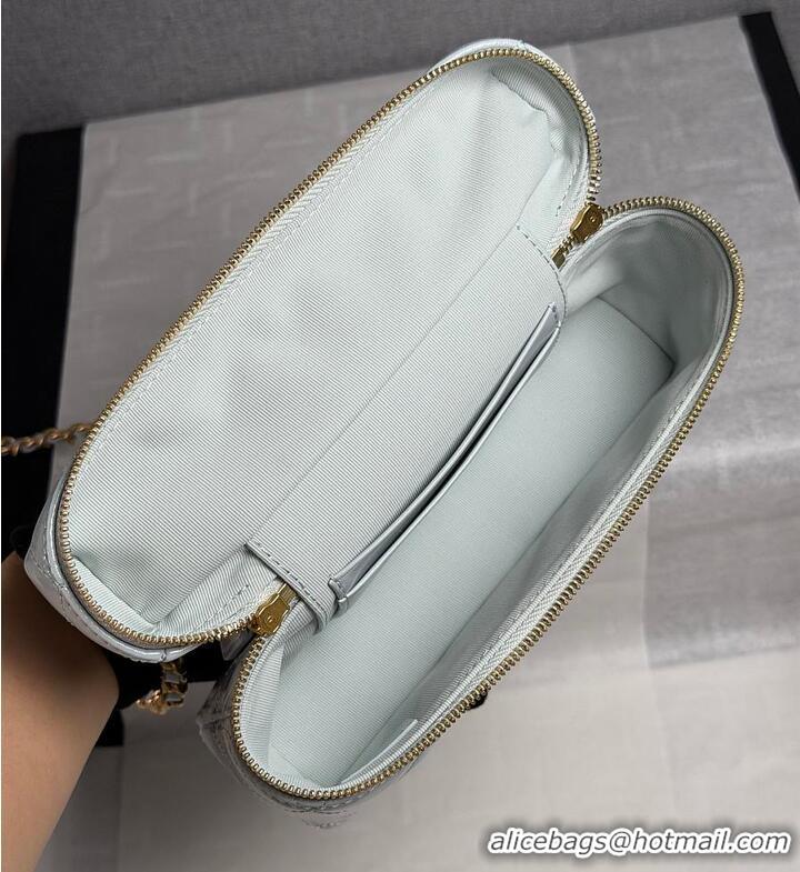 Top Design Chanel Top Handle Long Vanity Case with Chain Shiny Lambskin Aged Gold Hardware AS6284 Light Blue
