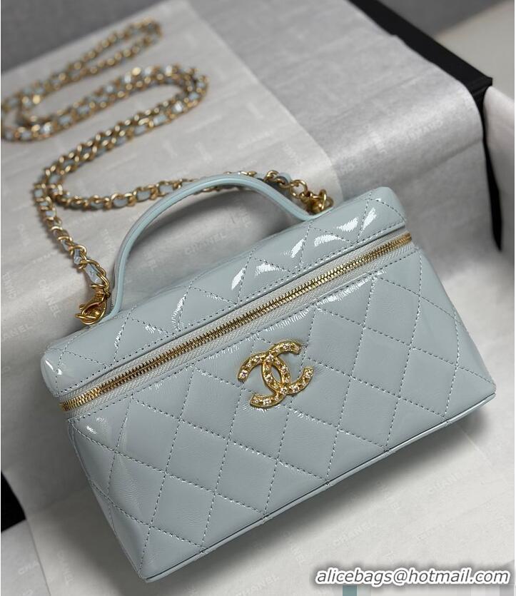 Top Design Chanel Top Handle Long Vanity Case with Chain Shiny Lambskin Aged Gold Hardware AS6284 Light Blue