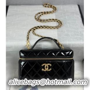 Discount Chanel Top Handle Long Vanity Case with Chain Shiny Lambskin Aged Gold Hardware AS6284 Black