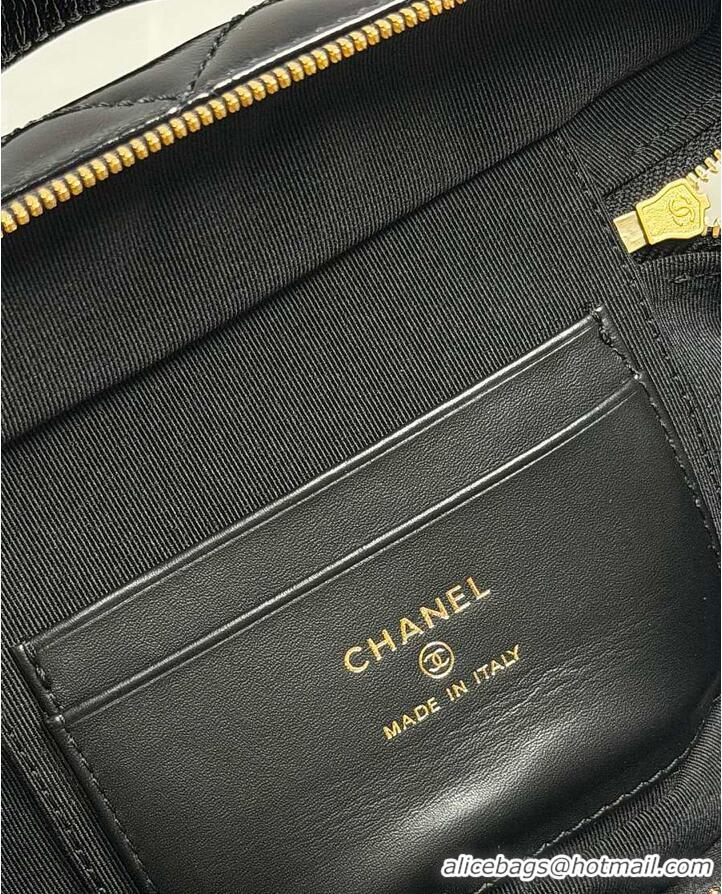 Discount Chanel Top Handle Long Vanity Case with Chain Shiny Lambskin Aged Gold Hardware AS6284 Black