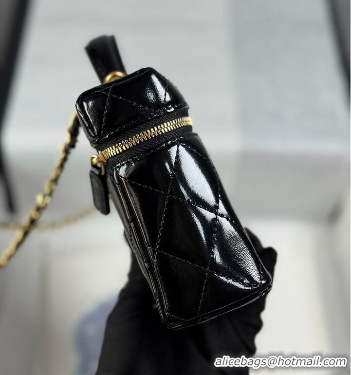 Discount Chanel Top Handle Long Vanity Case with Chain Shiny Lambskin Aged Gold Hardware AS6284 Black