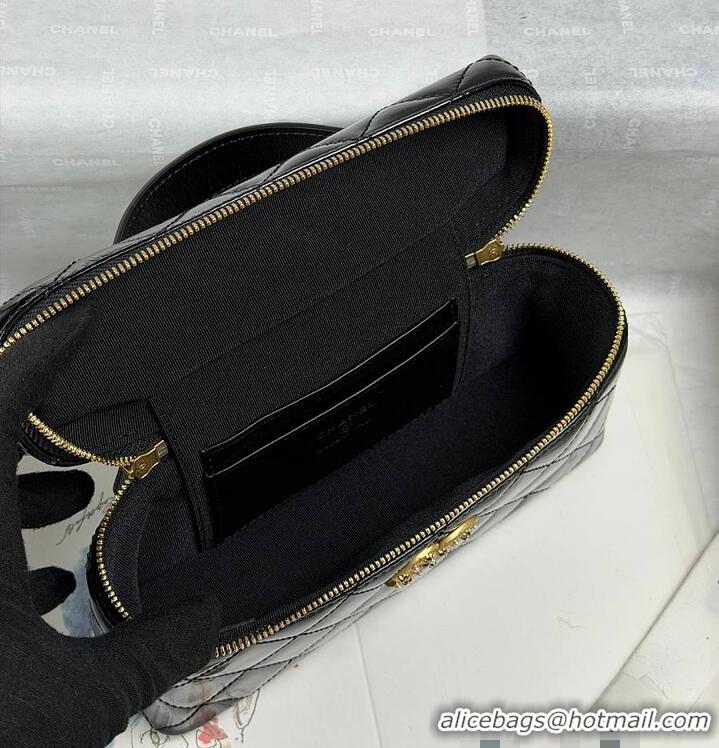 Discount Chanel Top Handle Long Vanity Case with Chain Shiny Lambskin Aged Gold Hardware AS6284 Black