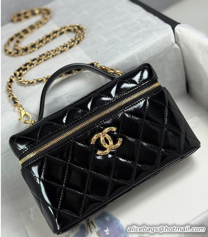 Discount Chanel Top Handle Long Vanity Case with Chain Shiny Lambskin Aged Gold Hardware AS6284 Black