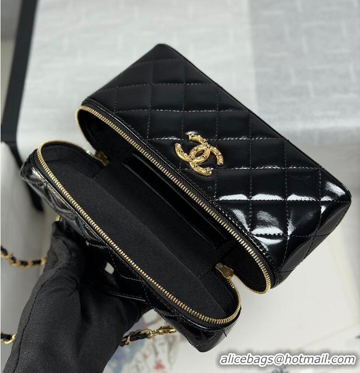 Discount Chanel Top Handle Long Vanity Case with Chain Shiny Lambskin Aged Gold Hardware AS6284 Black