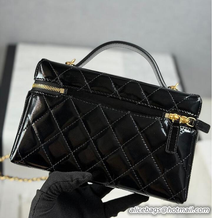 Discount Chanel Top Handle Long Vanity Case with Chain Shiny Lambskin Aged Gold Hardware AS6284 Black