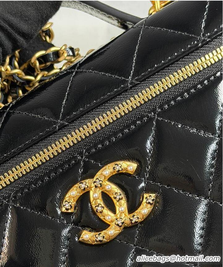 Discount Chanel Top Handle Long Vanity Case with Chain Shiny Lambskin Aged Gold Hardware AS6284 Black