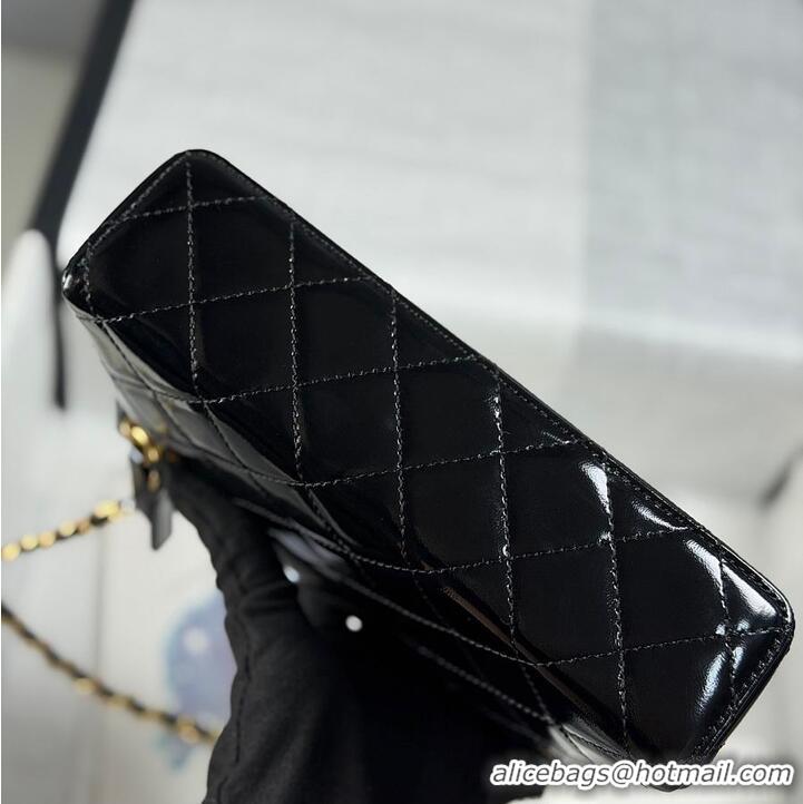 Discount Chanel Top Handle Long Vanity Case with Chain Shiny Lambskin Aged Gold Hardware AS6284 Black