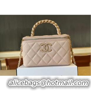 Buy New Cheap Chanel Vanity Case With Top Handle Grained Leather Gold tone metal AS6285 Light Beige