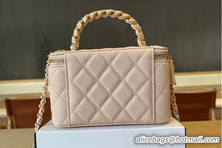 Buy New Cheap Chanel Vanity Case With Top Handle Grained Leather Gold tone metal AS6285 Light Beige