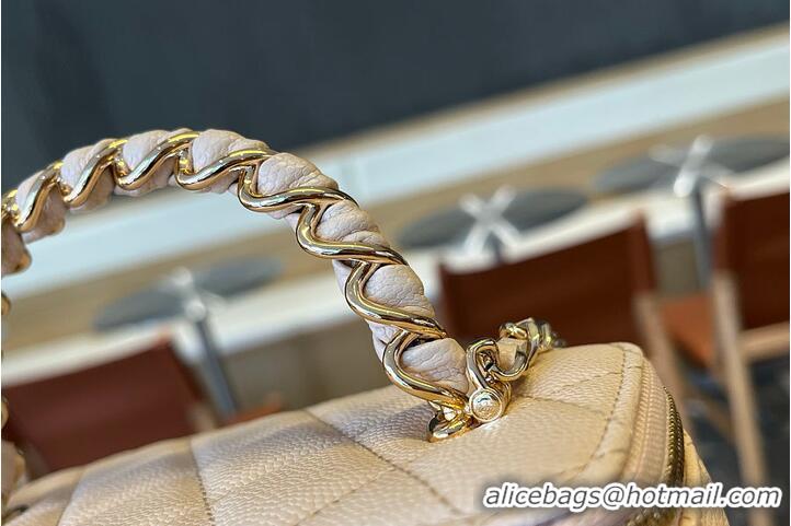 Buy New Cheap Chanel Vanity Case With Top Handle Grained Leather Gold tone metal AS6285 Light Beige