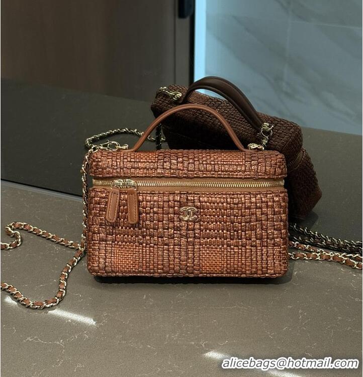 Shop Grade Chanel Classic Vanity with Chain Braided Raffia & Gold-Tone Metal AP6288 Brown