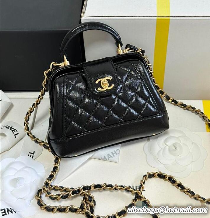 Famous Brand Chanel Mini Cocodoc Doctor Bag Quilted Shiny Lambskin Aged Gold Hardware AP6280 Black
