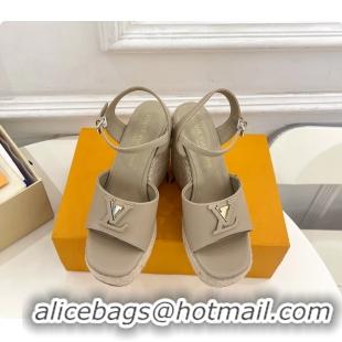 Purchase Louis Vuitton LV Mare Wedge Espadrrile Sandals Gray Calfskin Leather 120MM 6062108