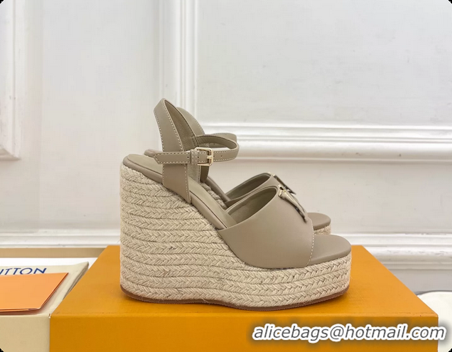 Purchase Louis Vuitton LV Mare Wedge Espadrrile Sandals Gray Calfskin Leather 120MM 6062108