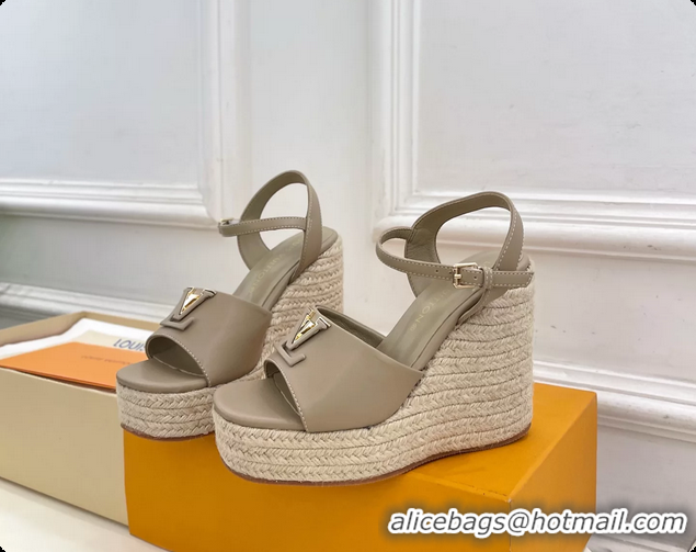 Purchase Louis Vuitton LV Mare Wedge Espadrrile Sandals Gray Calfskin Leather 120MM 6062108