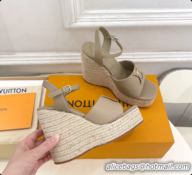 Purchase Louis Vuitton LV Mare Wedge Espadrrile Sandals Gray Calfskin Leather 120MM 6062108