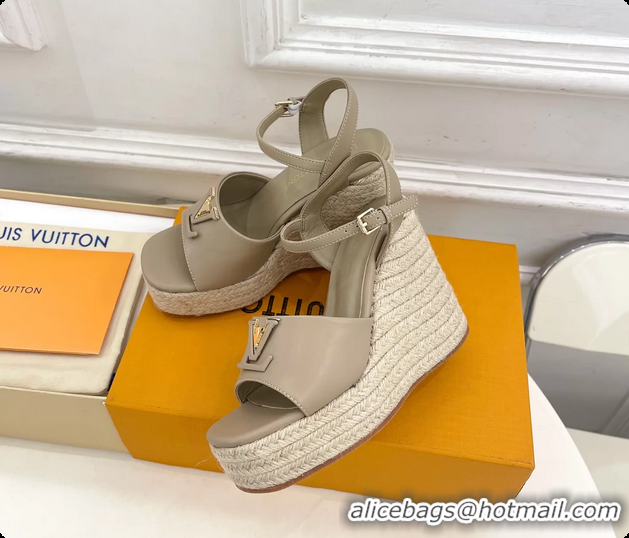 Purchase Louis Vuitton LV Mare Wedge Espadrrile Sandals Gray Calfskin Leather 120MM 6062108