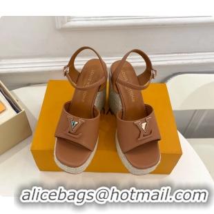 Good Quality Louis Vuitton LV Mare Wedge Espadrrile Sandals Brown Calfskin Leather 120MM 6062108