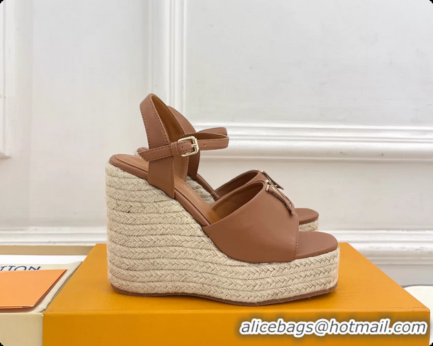 Good Quality Louis Vuitton LV Mare Wedge Espadrrile Sandals Brown Calfskin Leather 120MM 6062108