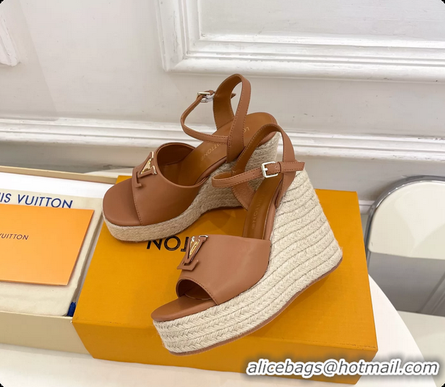 Good Quality Louis Vuitton LV Mare Wedge Espadrrile Sandals Brown Calfskin Leather 120MM 6062108